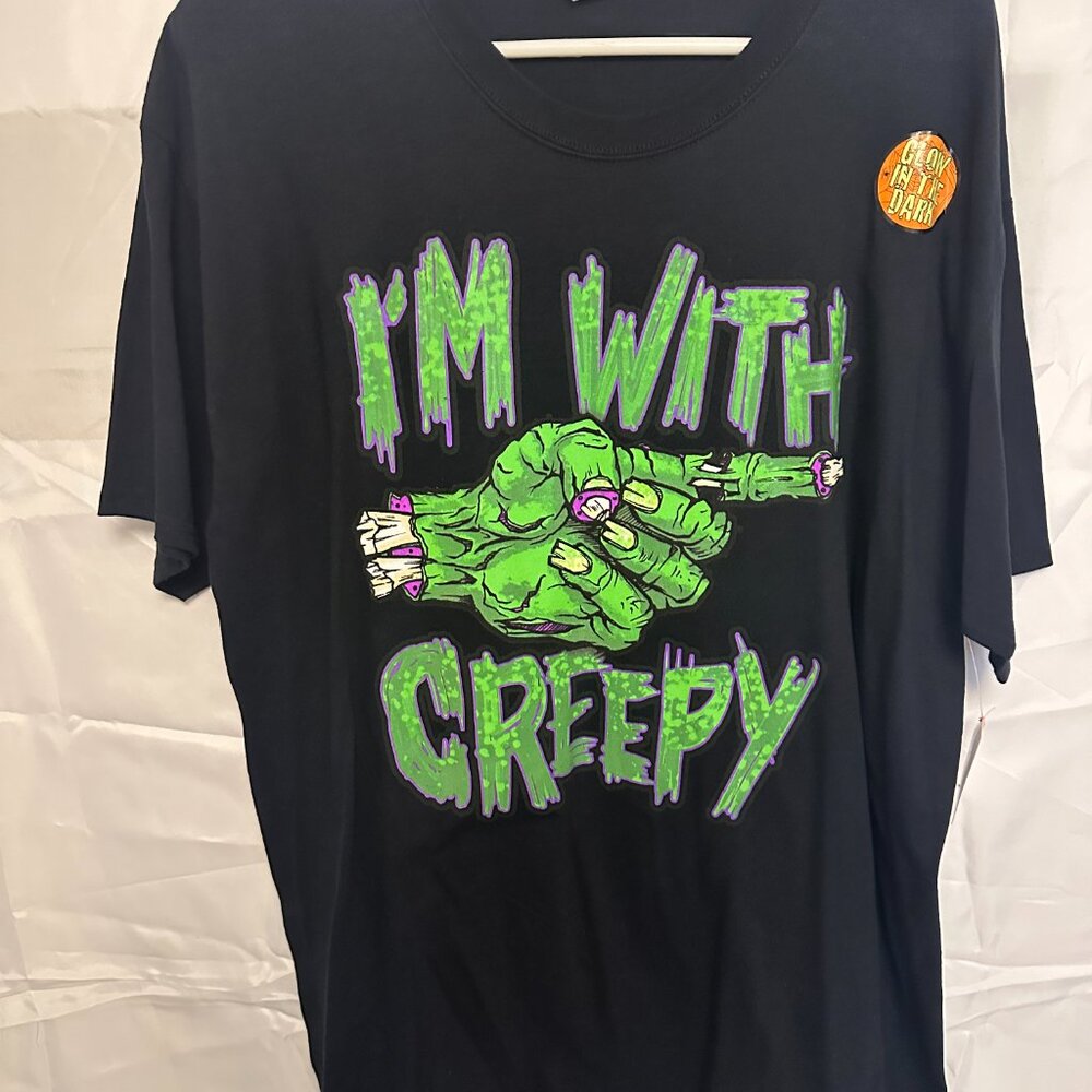I'm with Creepy, Halloween, Large Black Graphic Tee.